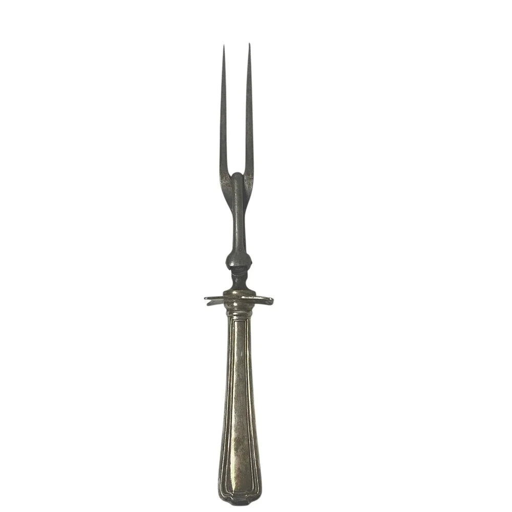 Antique‎ Monogrammed Silverplate Meat Carving Fork Hinged Guard 10 Inch